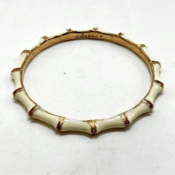 Stella & Dot, Gold And White Enamel Bamboo Design Bangle Bracelet - Picture 5 of 6